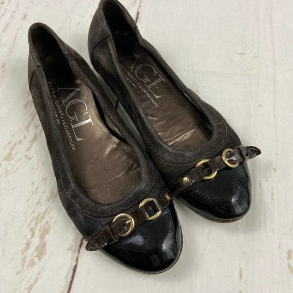 AGL Brown cap toe ballet flat shoe career staple gold buckle womens 36